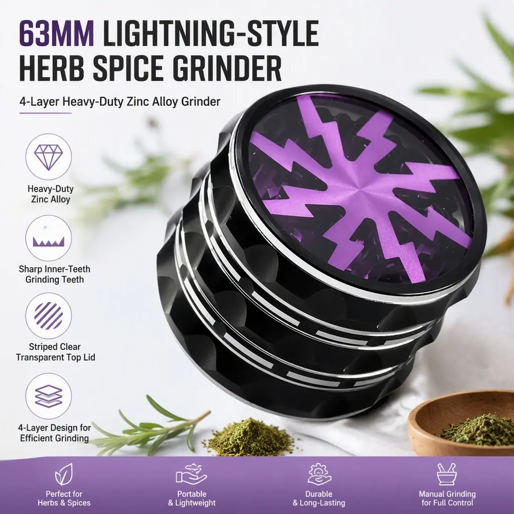 63mm Lightning‑Style Herb Spice Grinder, 4‑Layer Heavy‑Duty Zinc Alloy Grinder, Sharp Inner‑Teeth Grinding Teeth, Striped Clear Transparent Top Lid, Portable Manual Grinding Accessory for Herbs & Spices