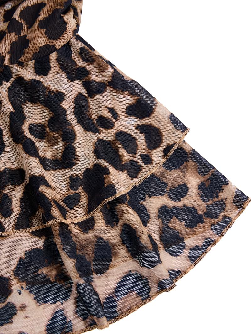 Aliling Women's Elegant Leopard Print Mini Dress, Asymmetrical Neck Long Sleeve Ruffled Hem, All Seasons Fashion Party Dress