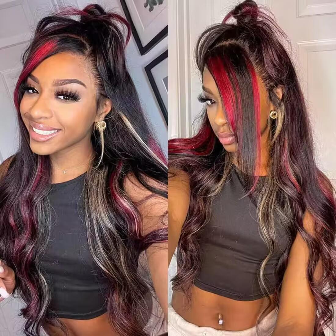 Black Red Blonde Highlights Human Hair Body Wave Wigs 13x4 Transparent Lace Front Wigs Pre Plucked with Baby Hair Brazilian Glueless Frontal Wig 180% Density Blonde Red Highlights Wig Body Wave Lace Front Wig