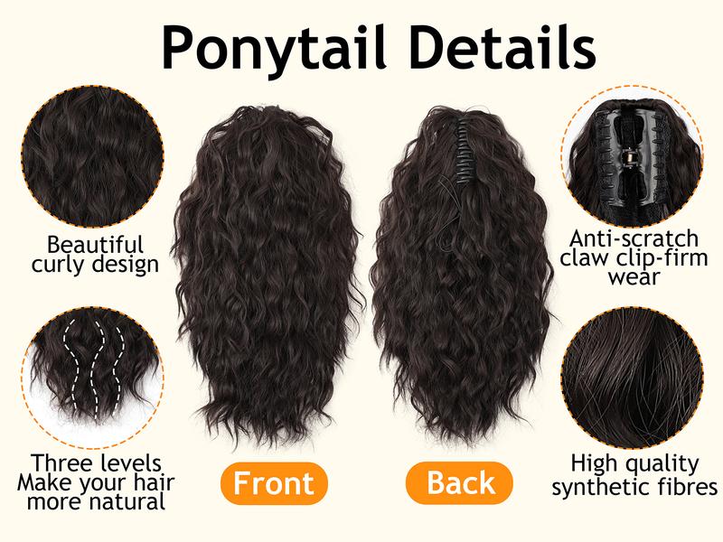 [KooKaStyle]  Black Brown Ponytail Extension 18" Curly Pony Tail Clip in Claw Ponytail Fluffy Natural Looking Synthetic Hairpiece for Women