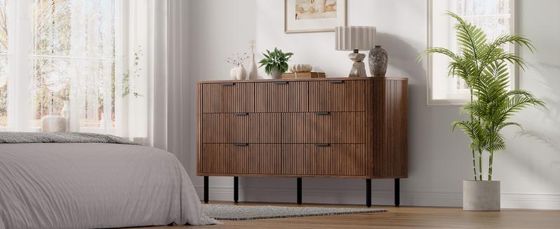 【Valentine's Day Gift】ONBRILL Fluted Dresser for Bedroom with 7 Drawers, 60 inch Chest of Drawers, Mid Century Modern Long Dressers with Curved Profile Design for Closet, Wood TV Stand for Living Room, Hallway