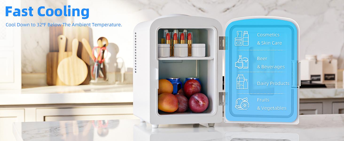 Electactic Mini Compact Refrigerator with Gaming Light, 4L Capacity/6 Cans Portable Mini Fridge, for Bedroom,Car,Office and Dorm, Small Cooler for Cosmetics, Beverage and Food, White