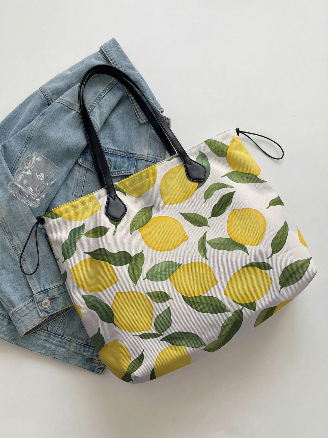 Lemon Pattern 2D Printed Drawstring Tote Bag, Large Capacity Shopping Bag, Durable and Wear-Resistant, Ideal for Work, Shopping, Picnic