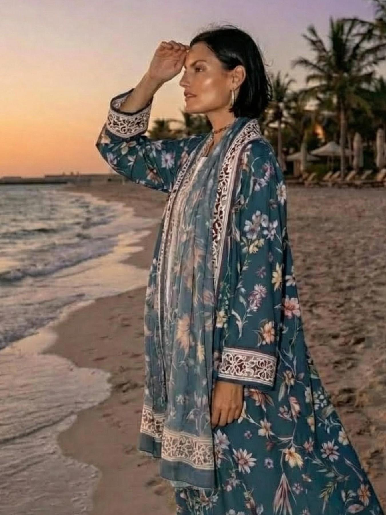 Elegant Floral Print Abaya Open Front Cardigan Long Robe Set, Party Festival Beach Wear with Headscarf, Two-Piece Fashionable Loungewear, Abaya Dress Set