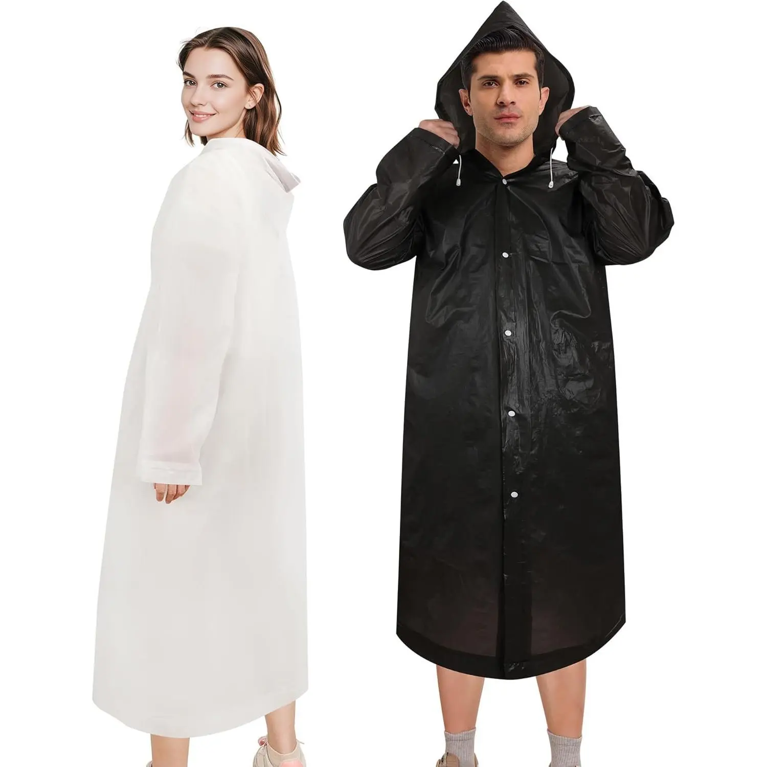Unisex Hooded EVA Rain Ponchos (2 Packs) - Drawstring, Full Body Cover, Waterproof Clothes for Rainy Days, Camping Hiking, Two Packs