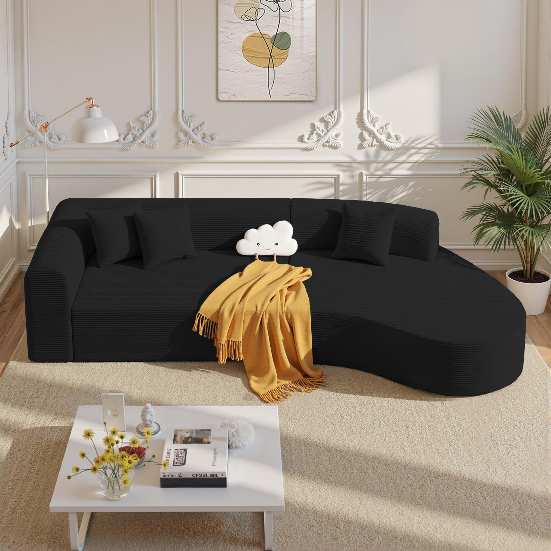 【Shipped in Two Packages】Modern Style Curved Sofa, Upholstery Corduroy Sofa Couch with 3 Pillows, Oversized Sleek Curved Sectional Boucle Fabric Couch for Living Room White