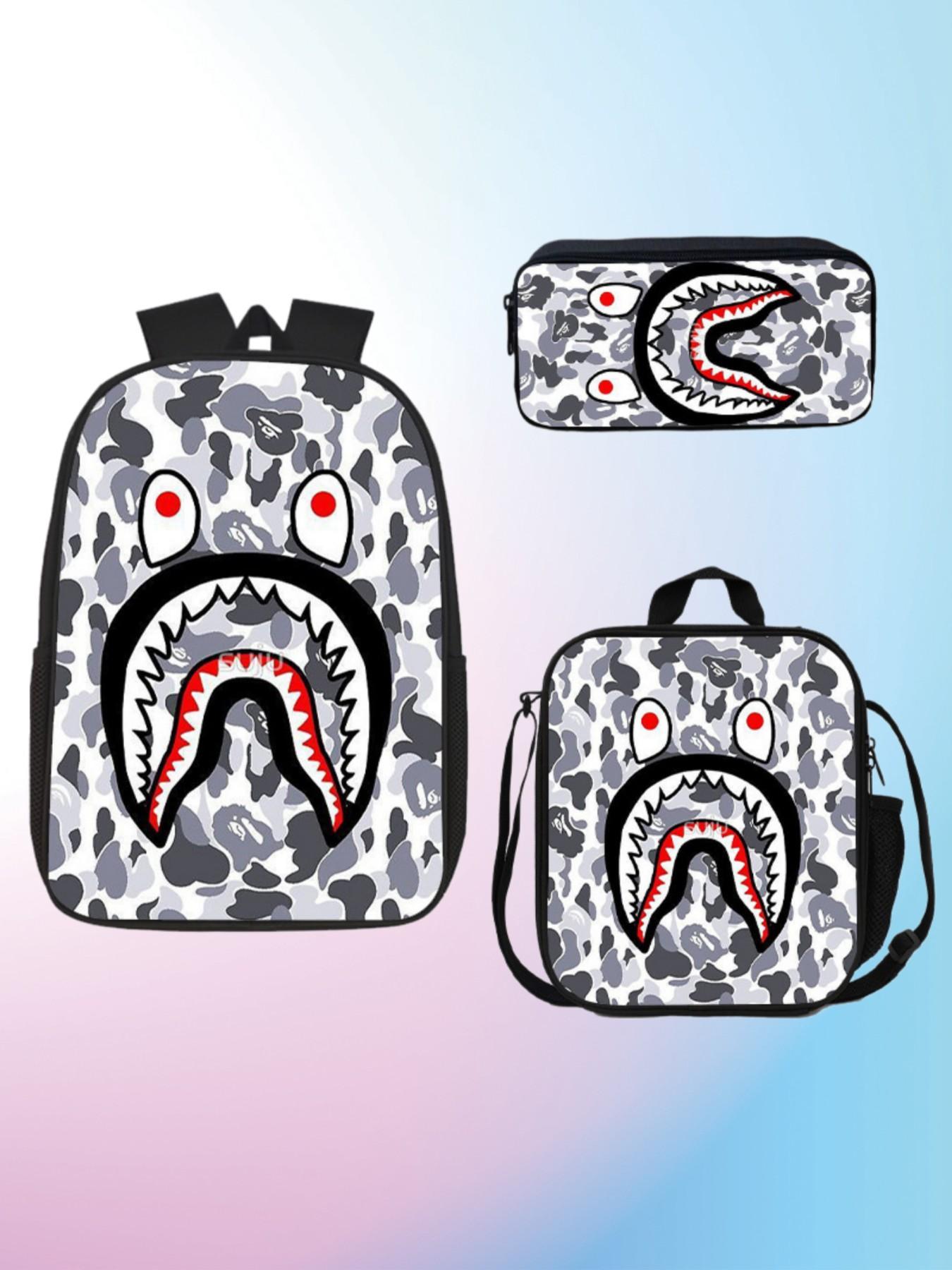 Shark Mouth Backpack Set, Camouflage Student School Bag, Large Capacity Campus Backpack for Boys and Girls, 3-Piece Set