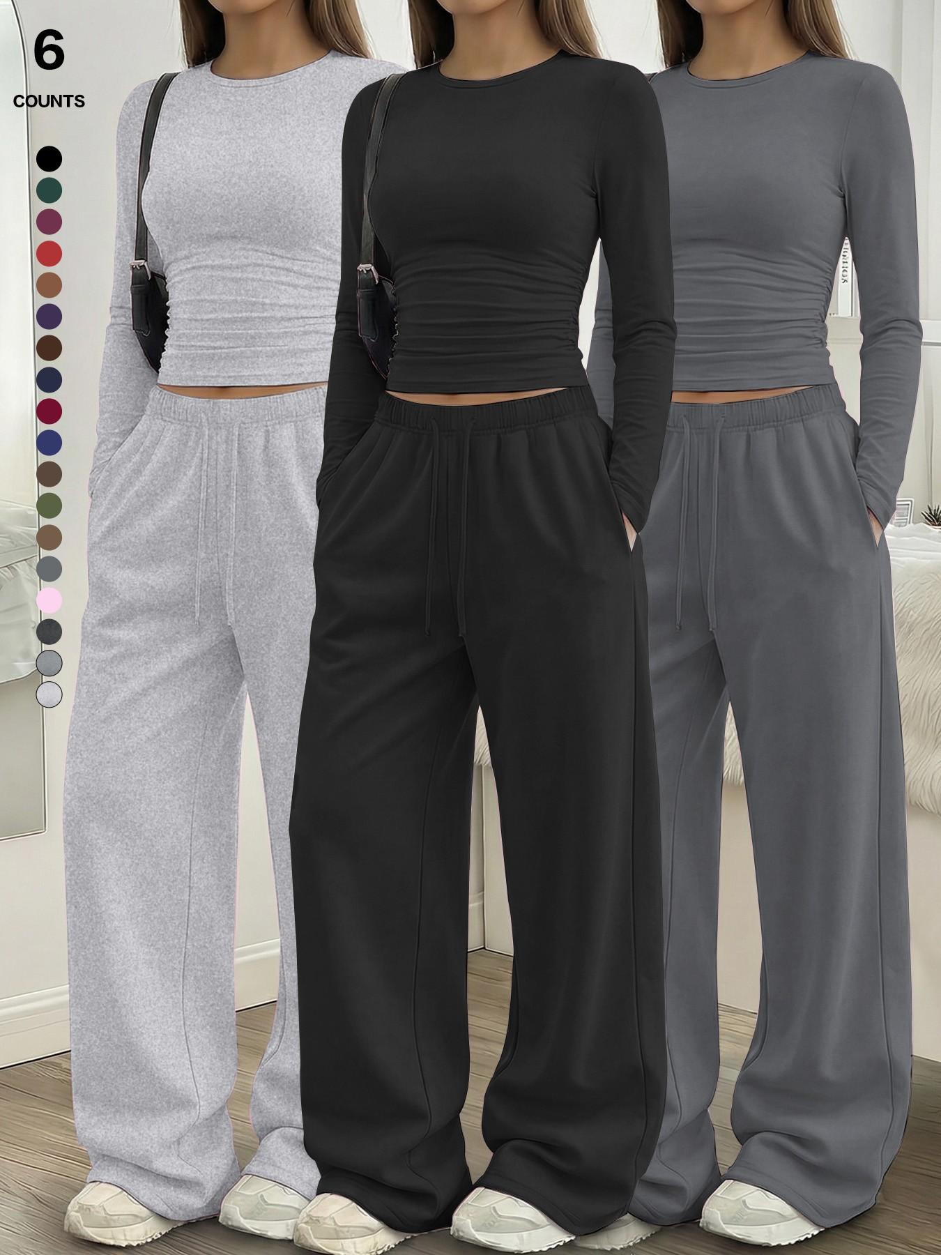 Women's Solid Ruched Drawstring Loungewear Set, Casual Long Sleeve Round Neck Top & Pocket Wide Leg Trousers, Spring Summer Sleepwear Pajama Set