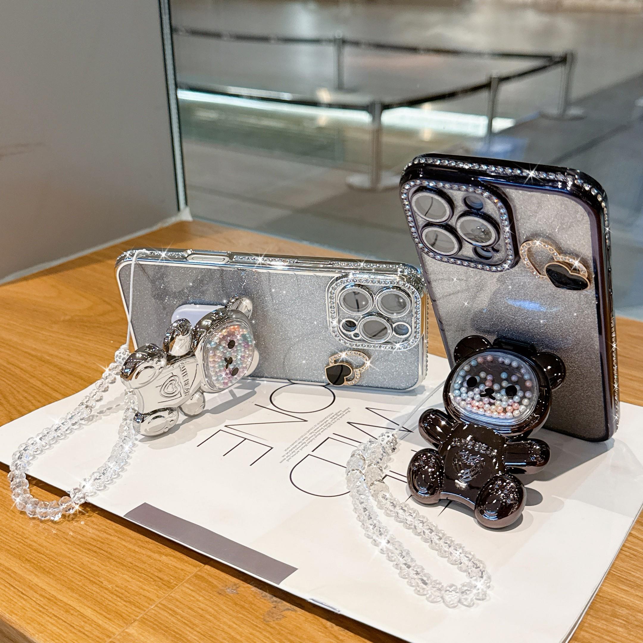 Luxury Blue Bear Stand Phone Case, Gradient Sand Anti-Drop Protection, Crystal Lanyard, Fits iPhone 17pro Max 16pro 15 14 13 12 11