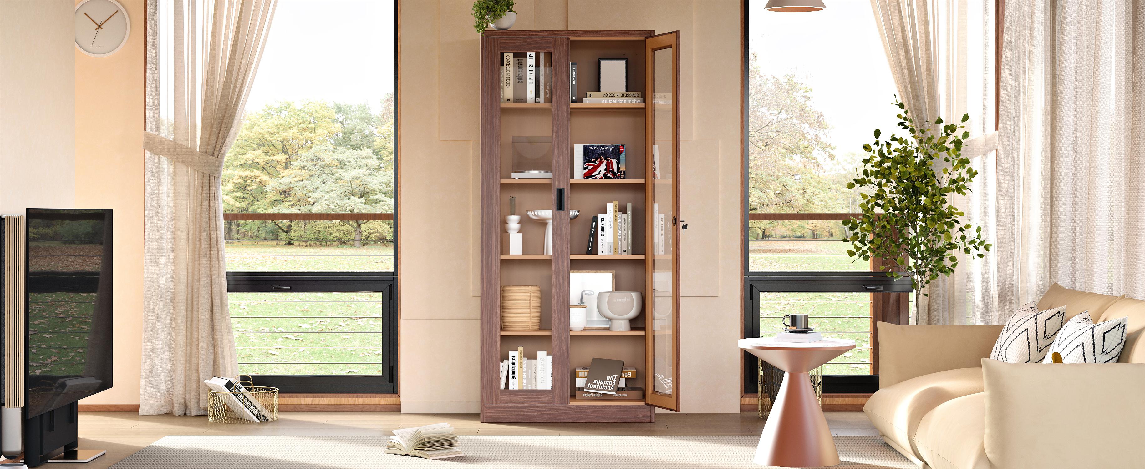 Letaya 71" Storage Cabinet, Display Cabinet with 4 Adjustable Shelves, Lockable Bookshelf Bookcase with Glass Door for Home, Office, Pantry, Kitchen,