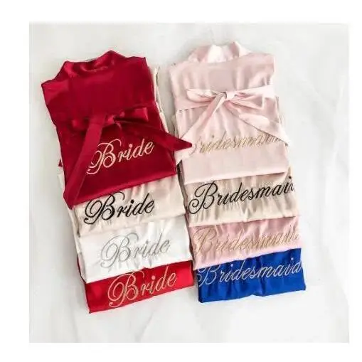 Bride Bridesmaid Wedding Robe Embroidery Kimono Bathrobe Gown Nightgown Casual Satin Short Women Sexy Nightwear Sleepwear