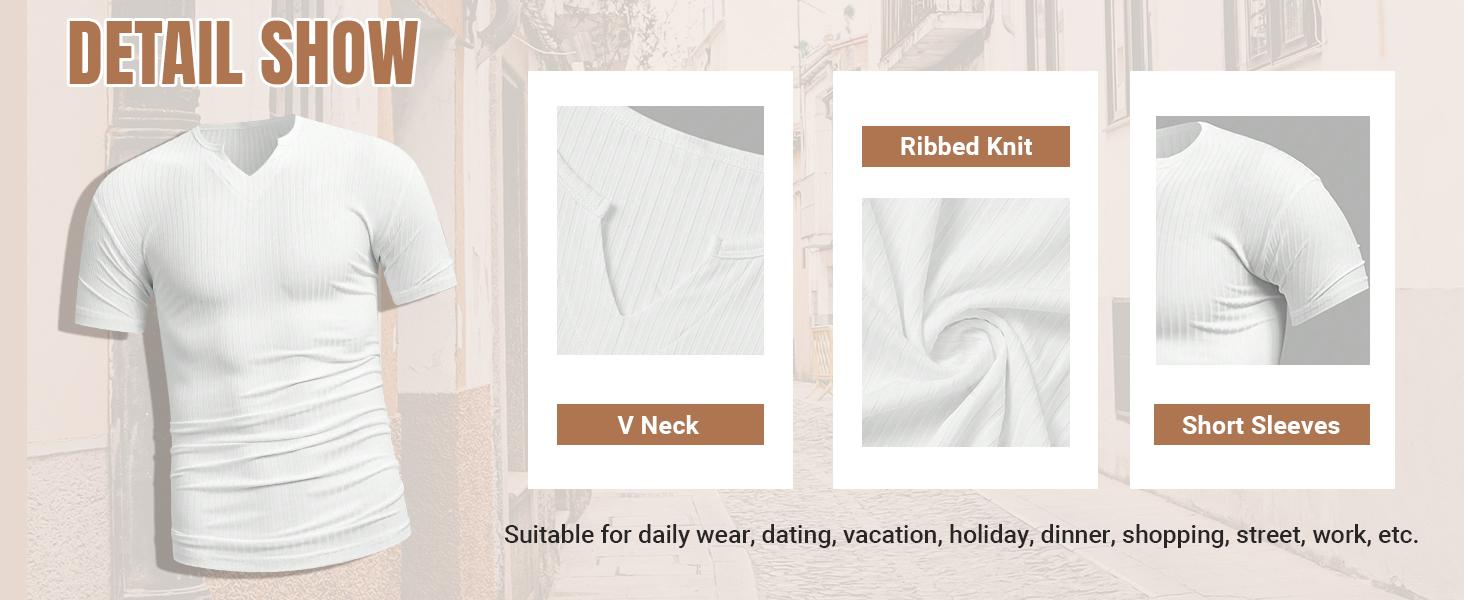 Men's Ribbed Knit Notched V Neck Tees Casual Short Sleeve T Shirt Summer Basic Tops