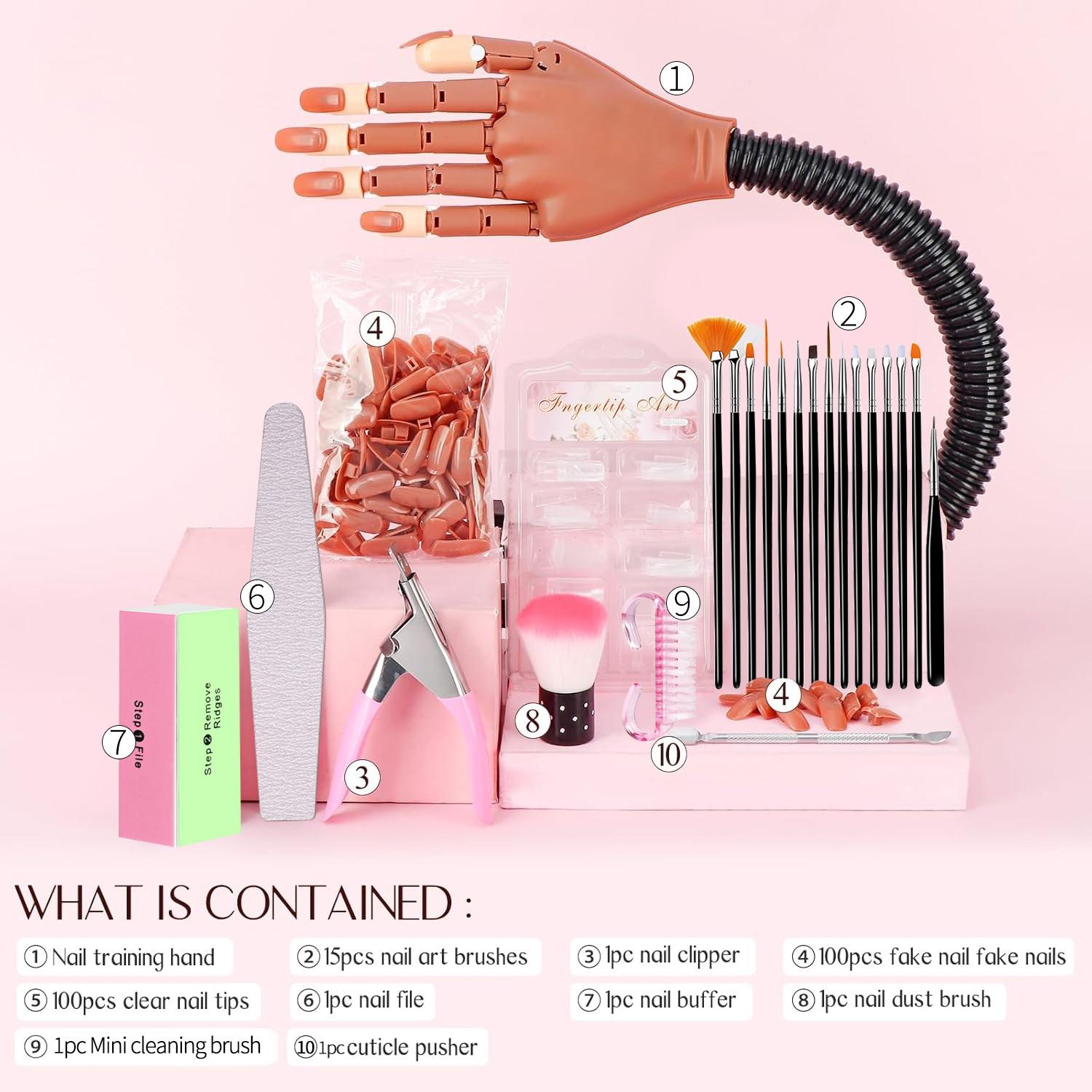 Practice acrylic nails hand, flexible and movable fake hand, nail art training hand nail set, movable nail hand, includes 200 nail tips, nail glue, cleaning brush, and nail clipper, suitable practice tool for beginners, professional tool for nail salons