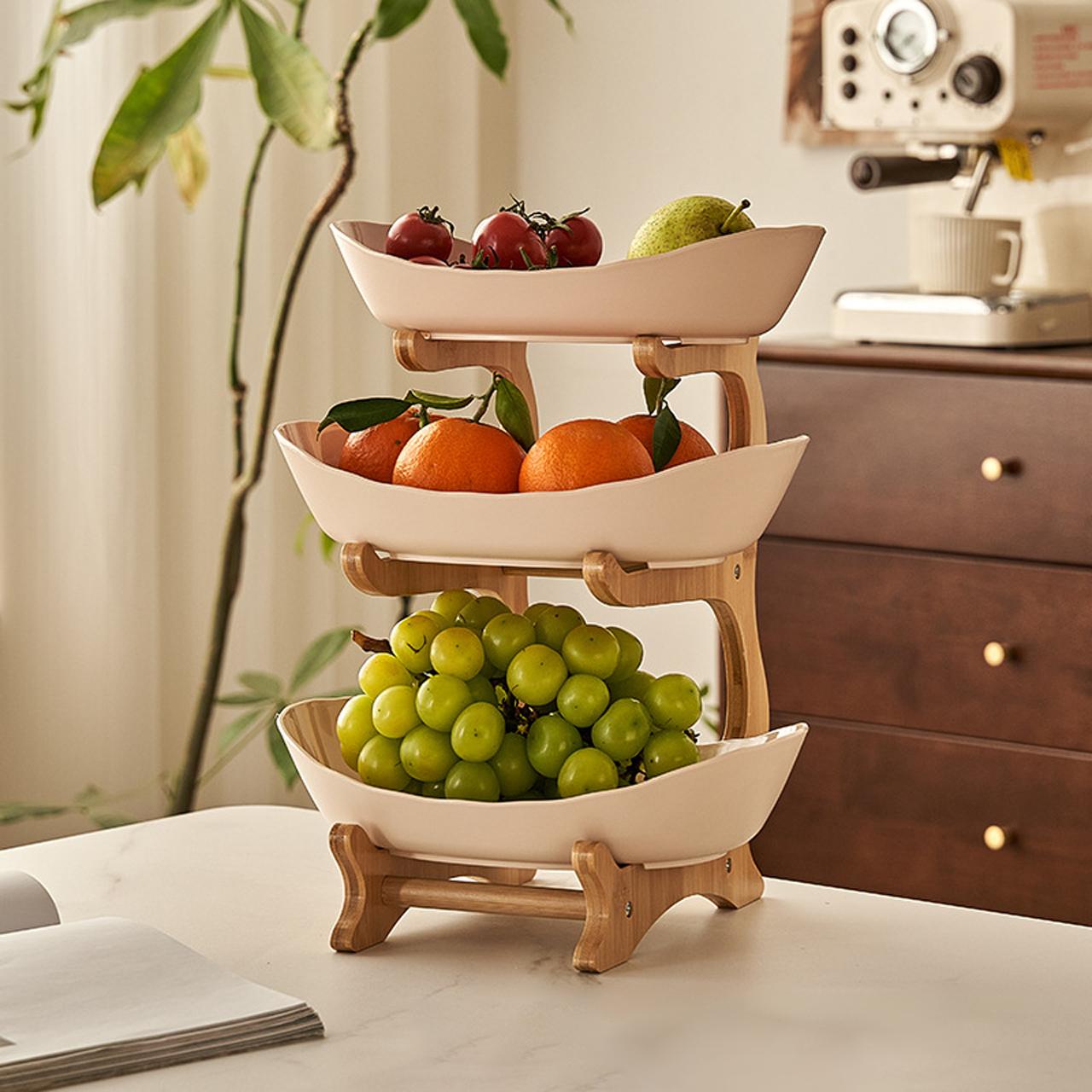 Colorful Fruit Basket Set with Wooden Stand, Plastic Bowls, Cake Stands, Biscuit Plates, Candy Buffet, Dessert Table Display, Perfect for Weddings & Parties