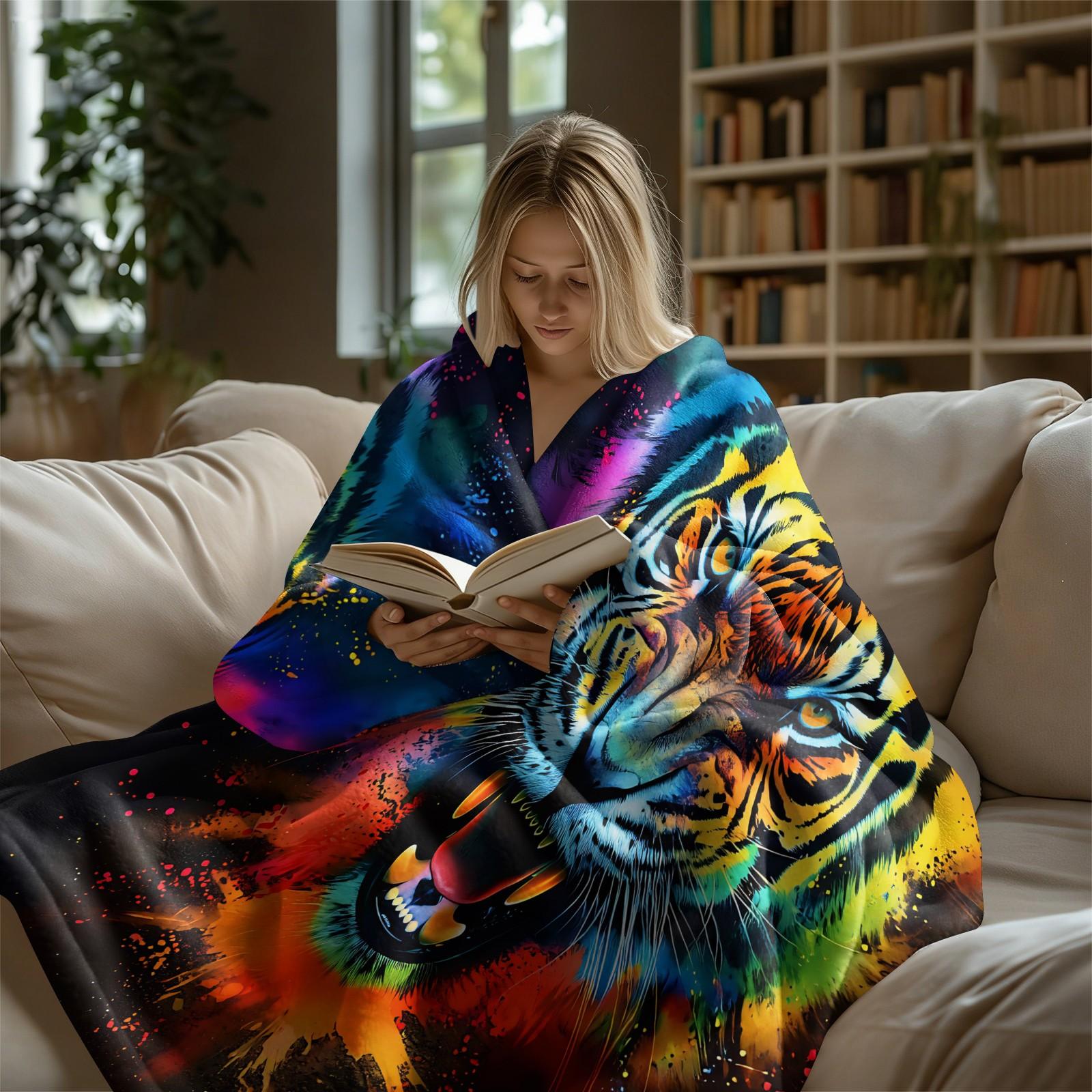 Vibrant Tie-Dye Tiger Print Flannel Throw Blanket, Soft Warm Cozy Fleece Blanket for Couch Bed Sofa, Bold Colorful Tiger Decorative Blanket, All Season Plush Blanket, Perfect Gift Blanket for Home, Travel, Nap, All Ages