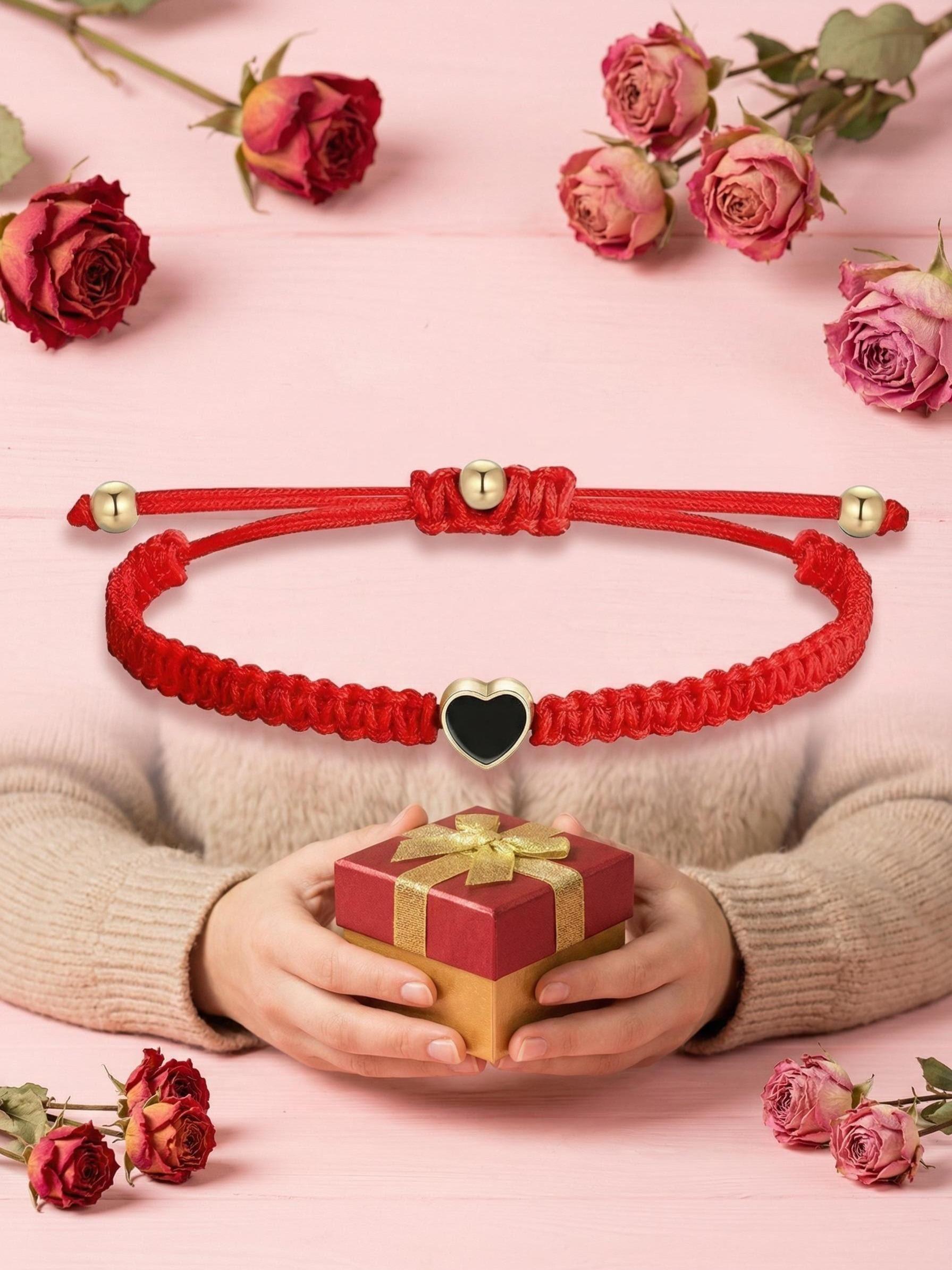 Couple Braided Bracelet Set, Spacer Beads, Jade Thread Flat Knot, Gold Edge, Heart Design, Romantic Jewelry Gift