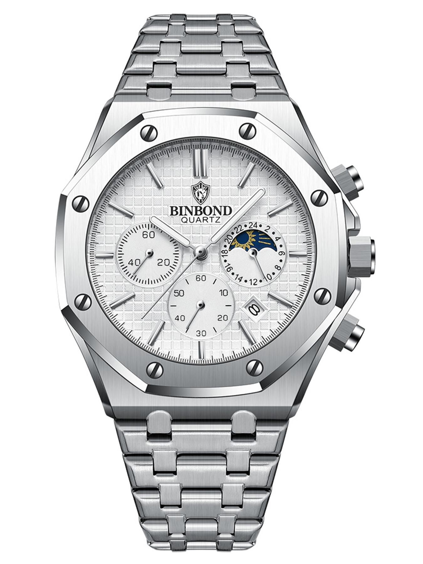 BINBOND Top Brand BO161 Men's Casual Watch Luminous Stainless Steel, Waterproof Men's Date Calendar Clock, Casual Business Round Dial Quartz Watch for Men, Fashion Stainless Steel Watches for Parties and Daily Wear, Versatile with Box