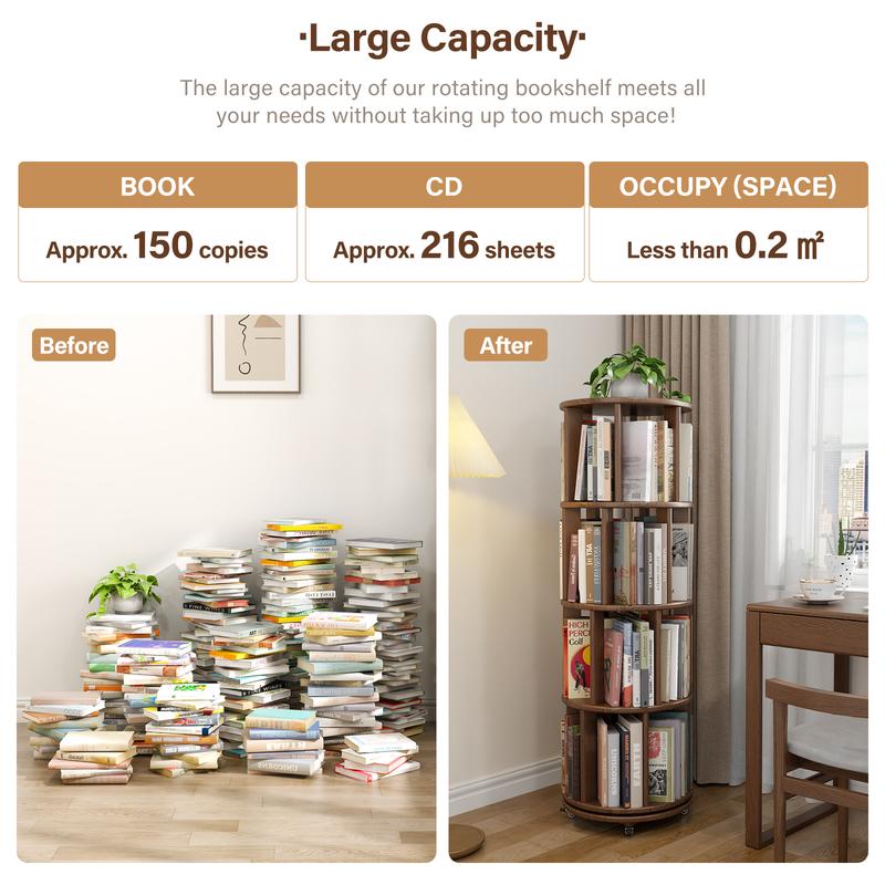 【School】100% Solid Wood - No MDF, Rotating Bookshelf on Wheels, Spinning Bookshelf Tower 360° Display Unique Round Bookcase for Home Study and Office Organization Furniture Stand