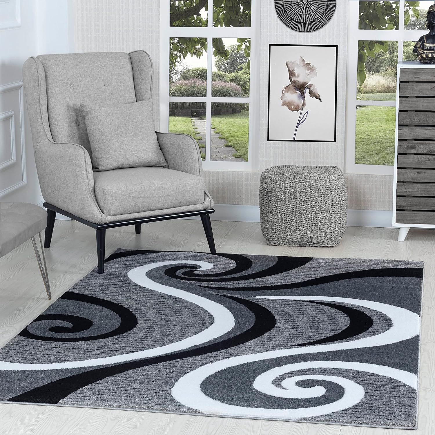 Modern Abstract Swirl Wave Geometric Flannel Area Rug - Teal Grey Black White Contemporary Print Soft Mat for Living Room, Non-Slip Minimalist Home Decor#AbstractSwirlRug #GeometricContemporaryMat #MinimalistHomeDecor #TealGreyCarpet #NonSlipFlannelRug