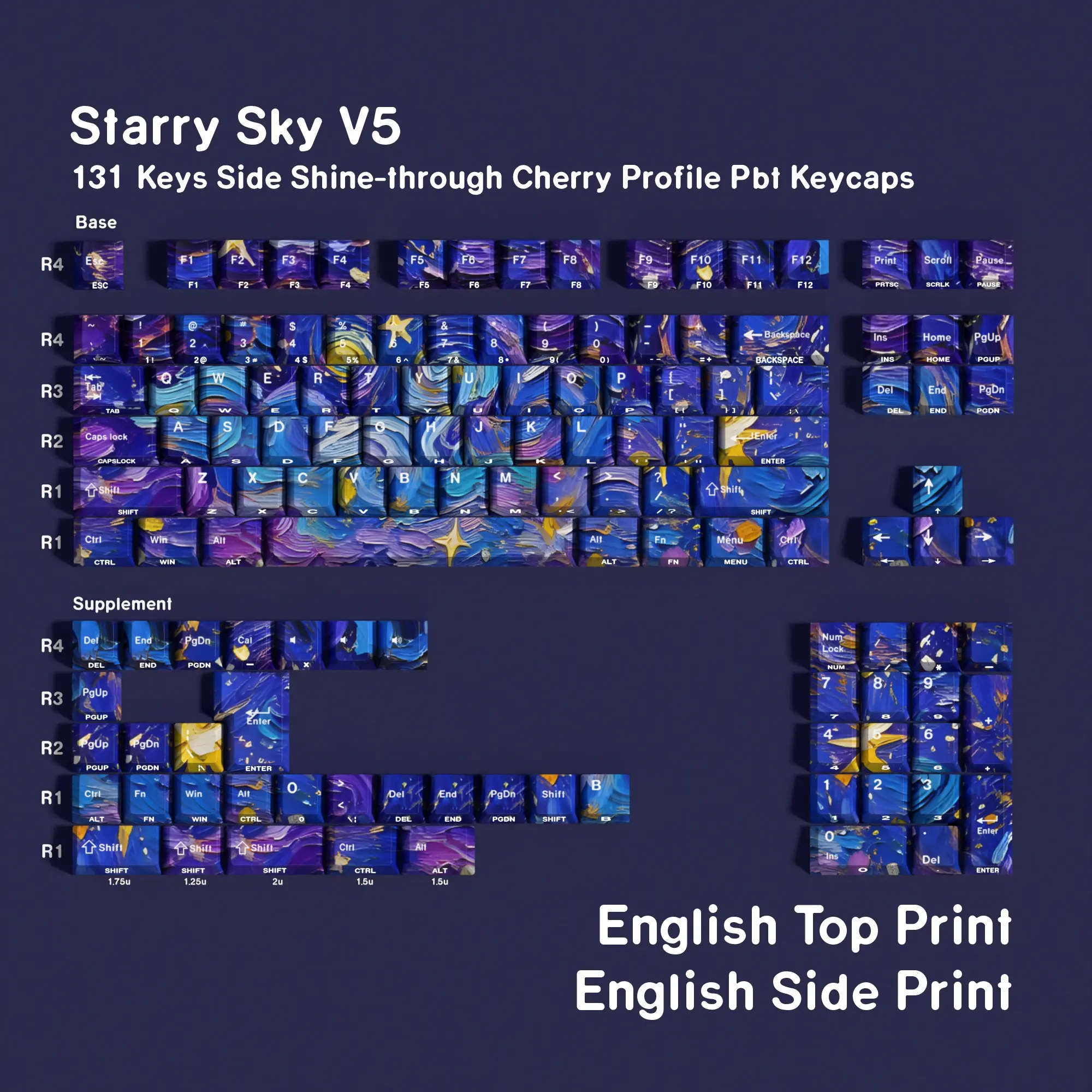 131 Key Original Height Starry V5 Keycaps, 5-Sided Heat Transfer, Dual Color Injection Molding, Transparent Side, Mechanical Keyboard Compatible, Keycaps For Mechanical Keyboard