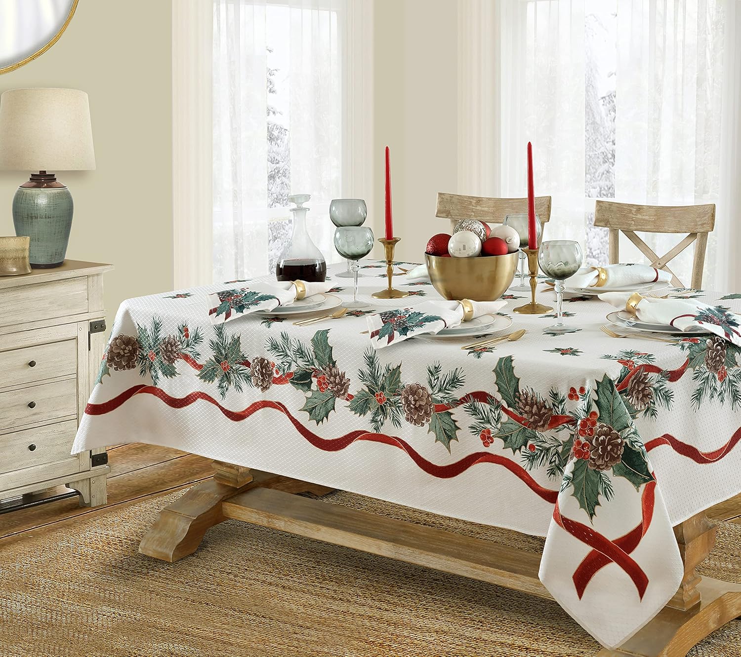 1 Pc Christmas Rectangular Tablecloth, Ivy Pinecone Christmas Tablecloth, Washable Easy To Care For, Suitable For Decorating Christmas Decorations for New Year Parties And Dinners