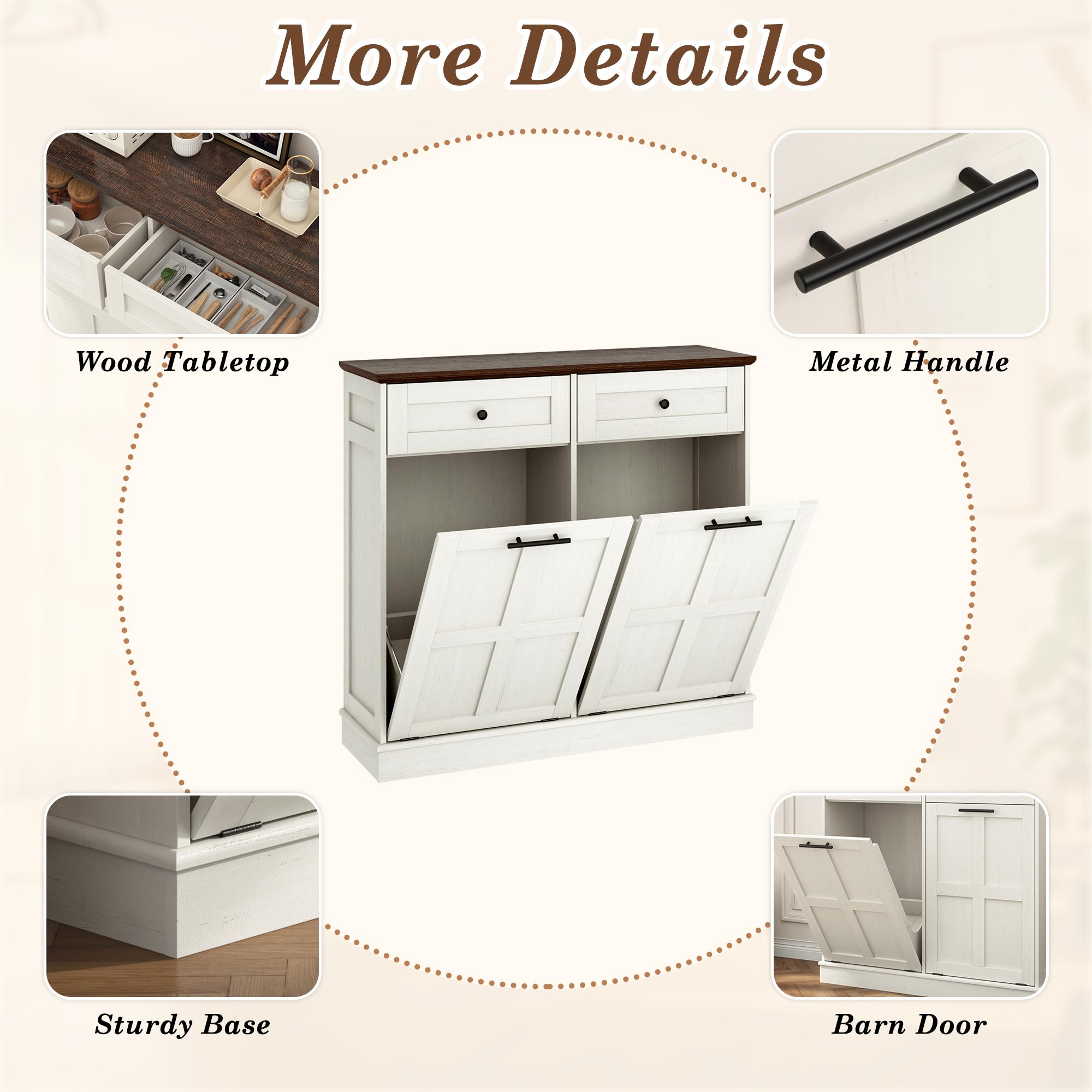 Trash Can Cabinet, 10 Gallons / 20 Gallons Farmhouse Hidden Wood Garbage Can Bin Cabinet with Drawers, Tilt Out Laundry Hamper with Laundry Storage Basket for Bathroom, Kitchen, Brown/Antique White/Dark Grey