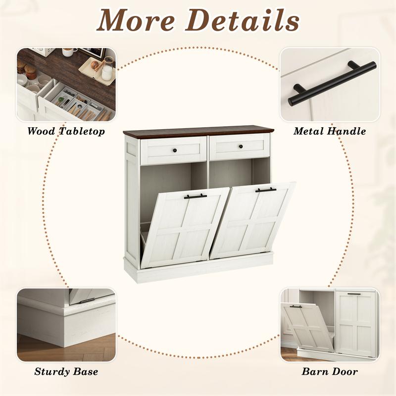 Trash Can Cabinet, 10 Gallons / 20 Gallons Farmhouse Hidden Wood Garbage Can Bin Cabinet with Drawers, Tilt Out Laundry Hamper with Laundry Storage Basket for Bathroom, Kitchen, Brown/Antique White