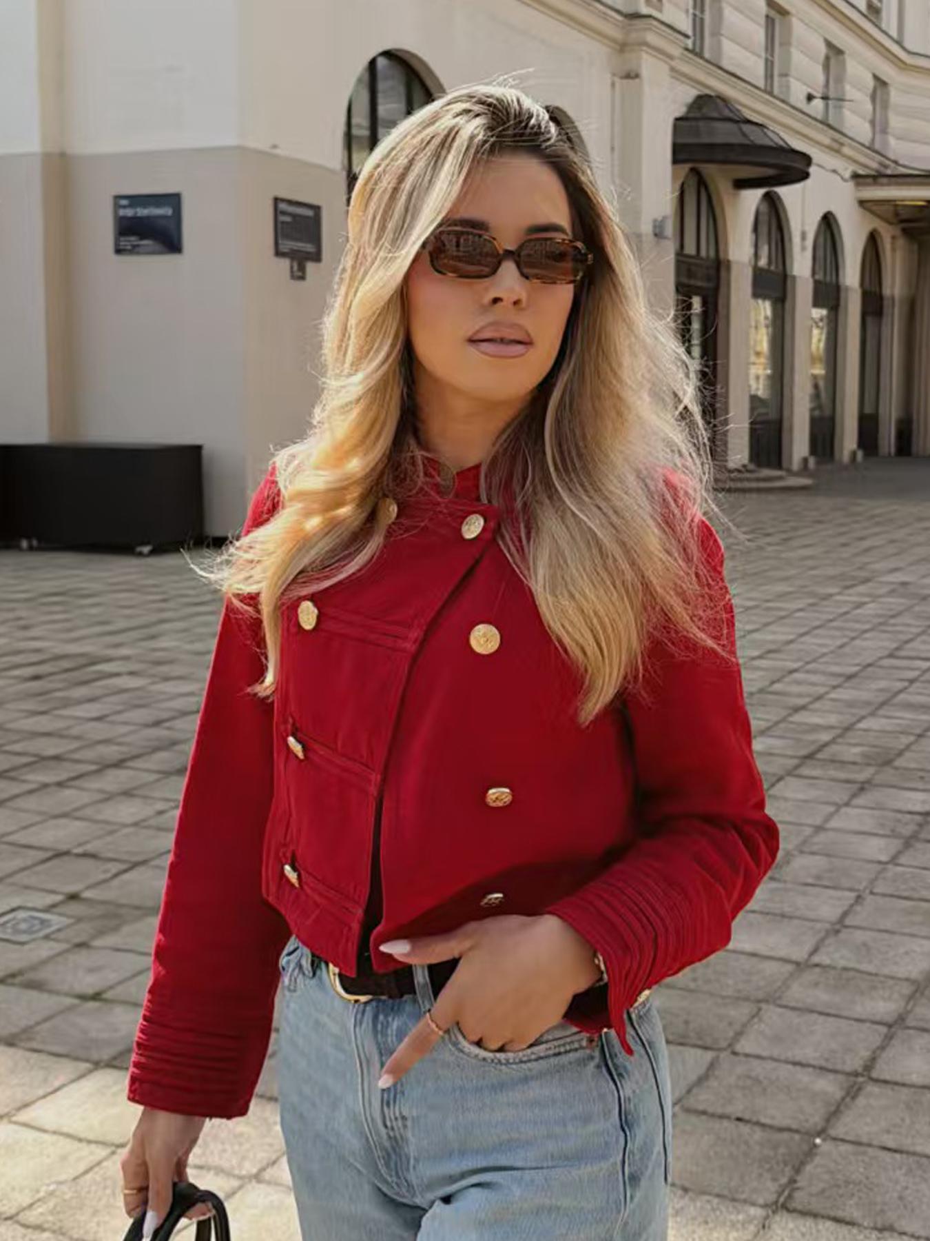 Women's Stylish Jacket Fitted Women's Cropped Slim-Fitting Red Jacket Casual Double Breasted Button Long Sleeve Tops Female Fashion Coat Streetwear Women's Demi-Season Jacket Outerwear