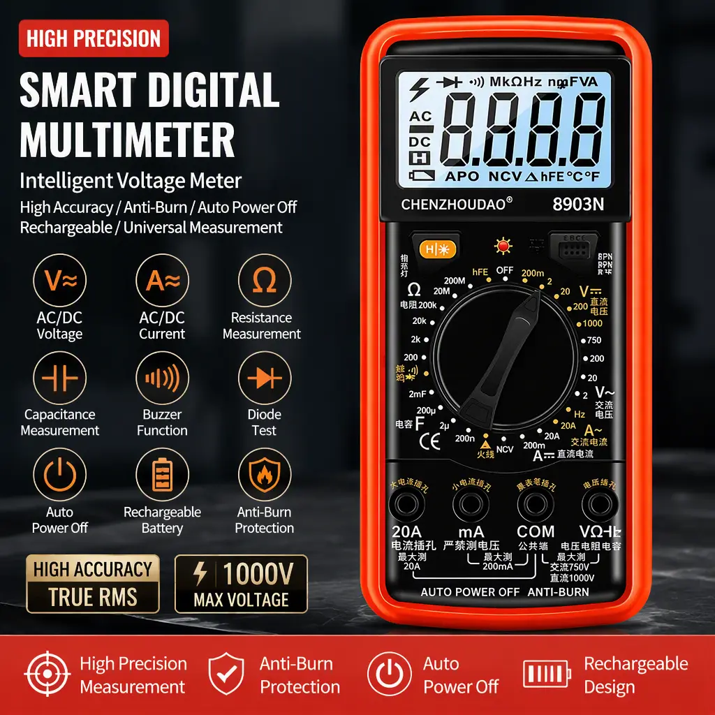 Professional Digital Multimeter with NCV Non‑Contact Voltage Detection, Rechargeable High‑Accuracy Anti‑Burn Multi‑Function Voltmeter Ammeter Ohmmeter
