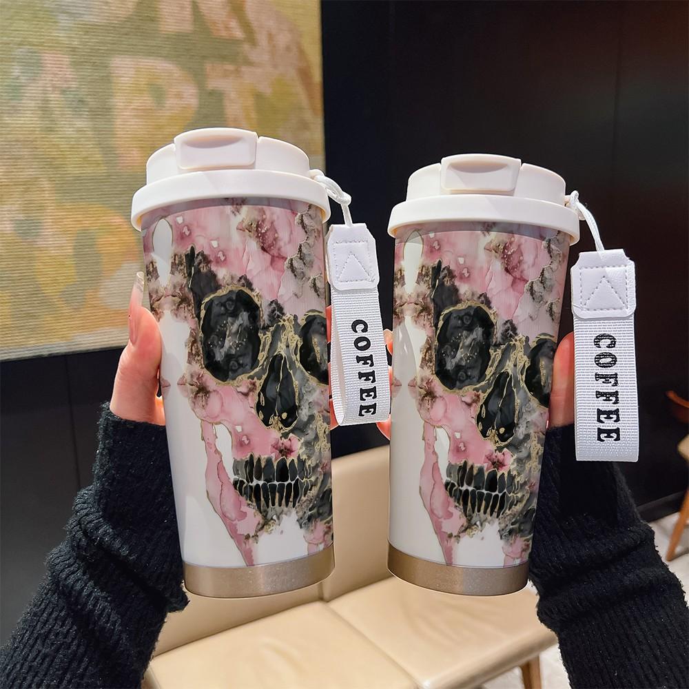 Abstract Skull Texture Coffee Cup, Portable Dual Drink Insulated Tumbler, Keeps Warm/cold, Boho Style, Ideal for Office, Travel, Sports