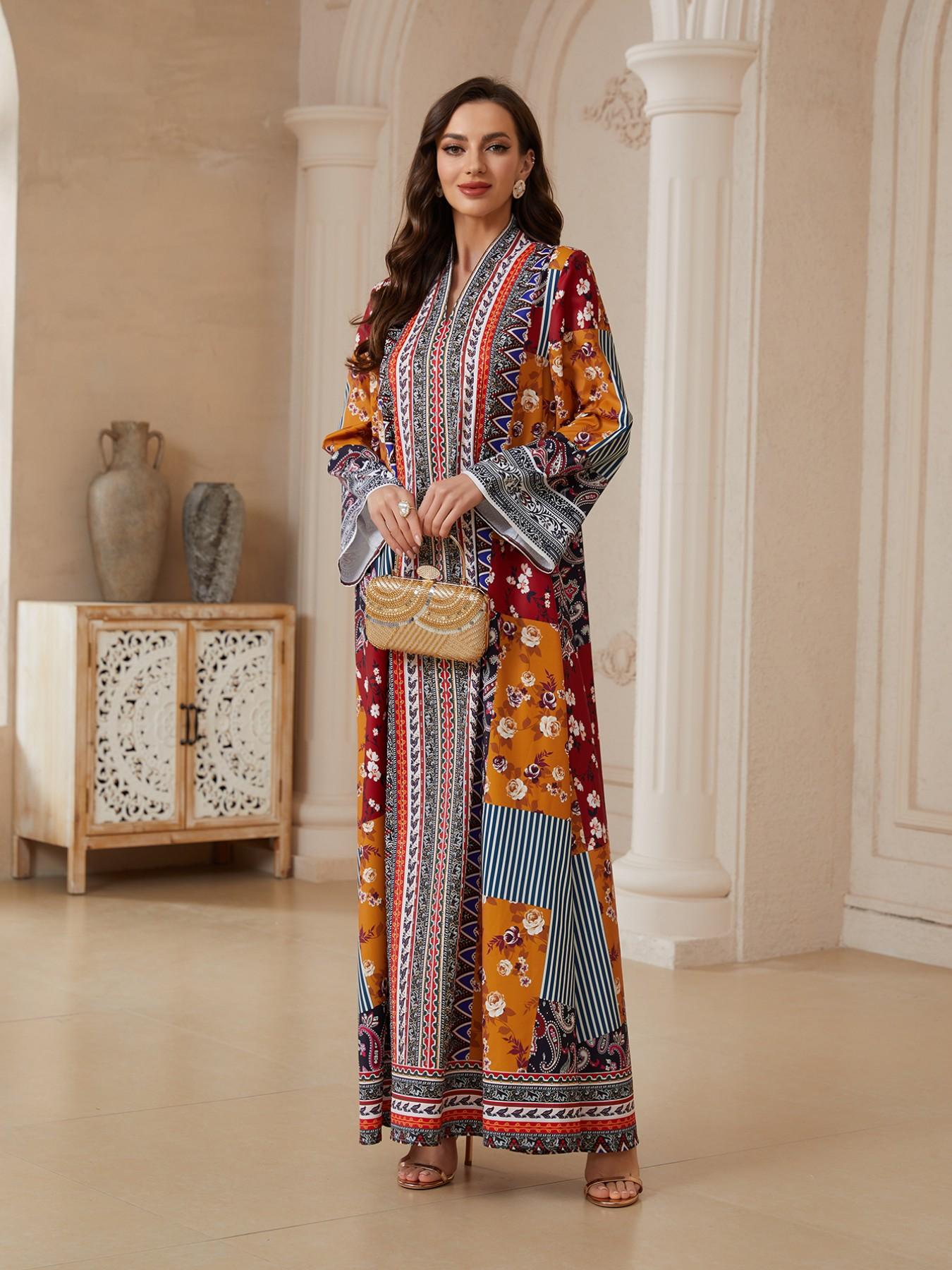 Middle Eastern Ramadan Eid Abaya, Colorblock Floral Cashmere Long Robe, Dubai Style Ethnic Koftan, Traditional Women's Dress