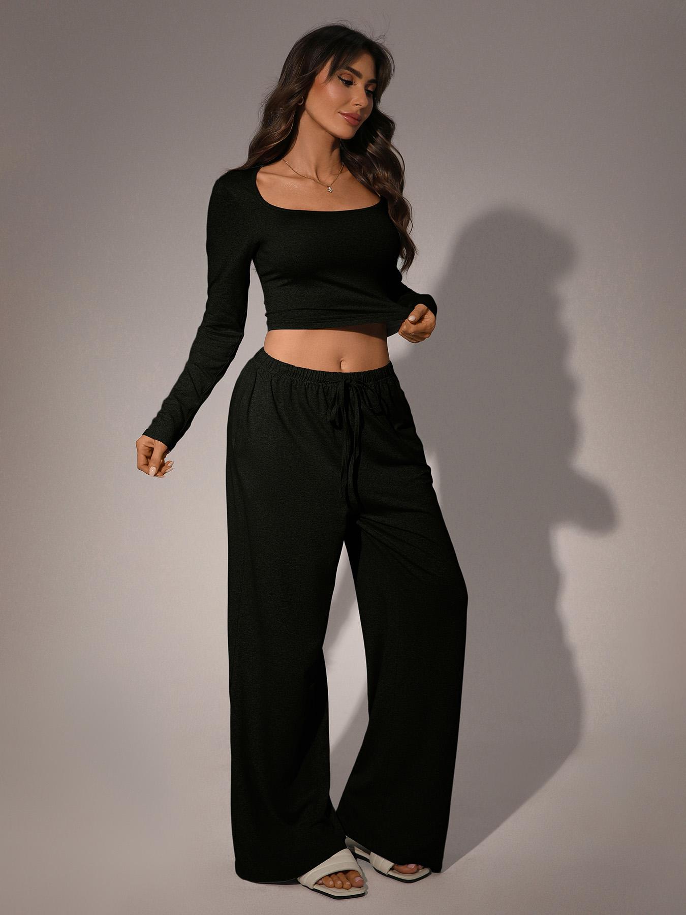 Women's 2 Piece Matching Lounge Set, Fitted Square Neck Long Sleeve Crop Top, High Waisted Wide Leg Drawstring Pants, Casual Sweatsuit
