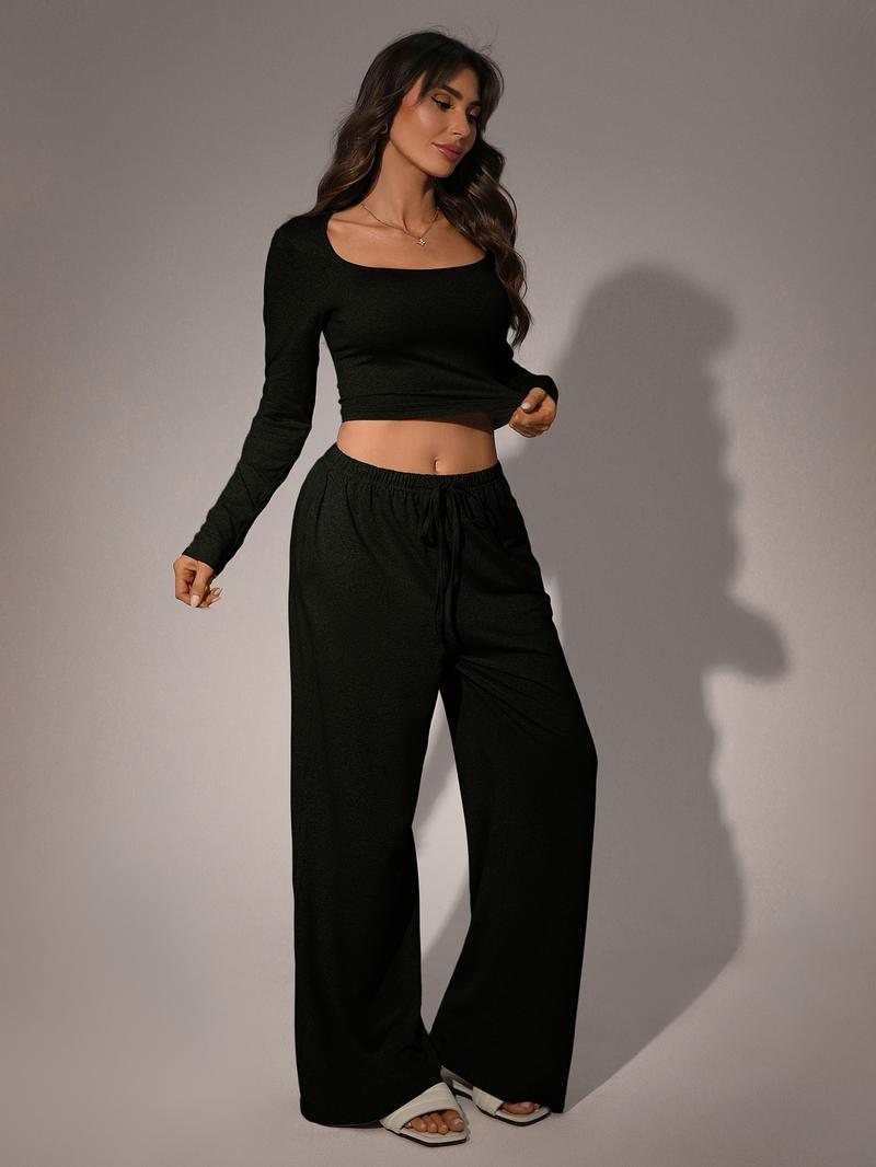 Women's 2 Piece Matching Lounge Set, Fitted Square Neck Long Sleeve Crop Top, High Waisted Wide Leg Drawstring Pants, Casual Sweatsuit