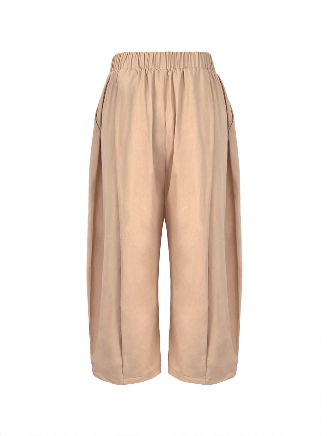 Women's Plus-Size Front‑Pleated Design Cropped Pants, Vertical Pleat Loose Fit Elastic Waist Culottes, Casual Daily Wear, Baggy