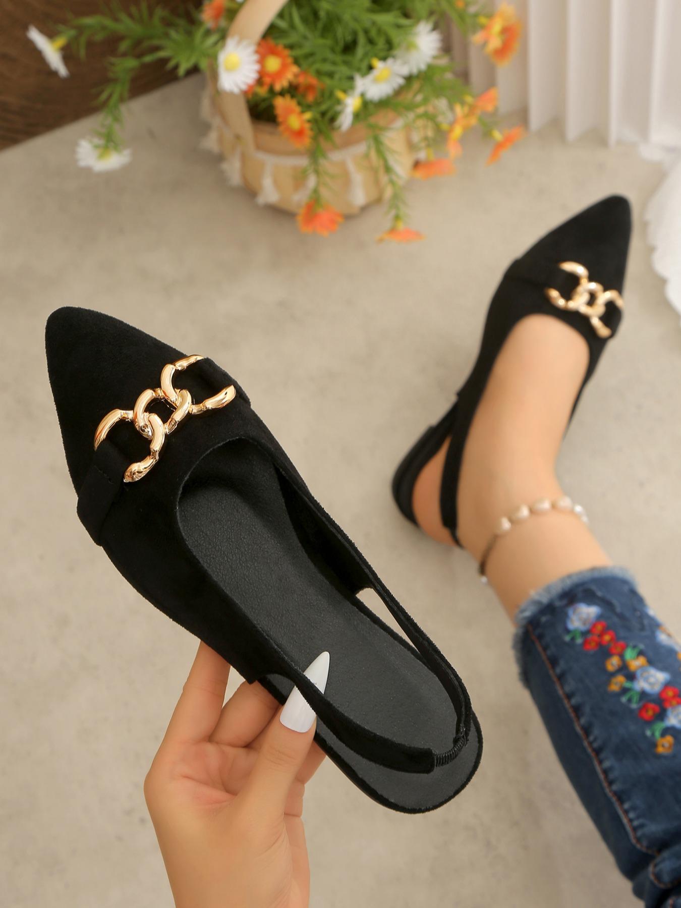 Women's Fashionable Pointed Toe Flat Shoes, Metal Buckle Decor, Slip-On Casual Sneakers, Perfect for Dresses & Pants