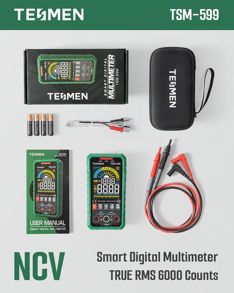 TESMEN TSM-599 Smart Multimeter, 6000 Counts, DC/AC Voltage & Current, Non-Contact Voltage Detection, Measures Resistance, Continuity, Capacitance, Frequency, Temperature, and Live Wire Testing
