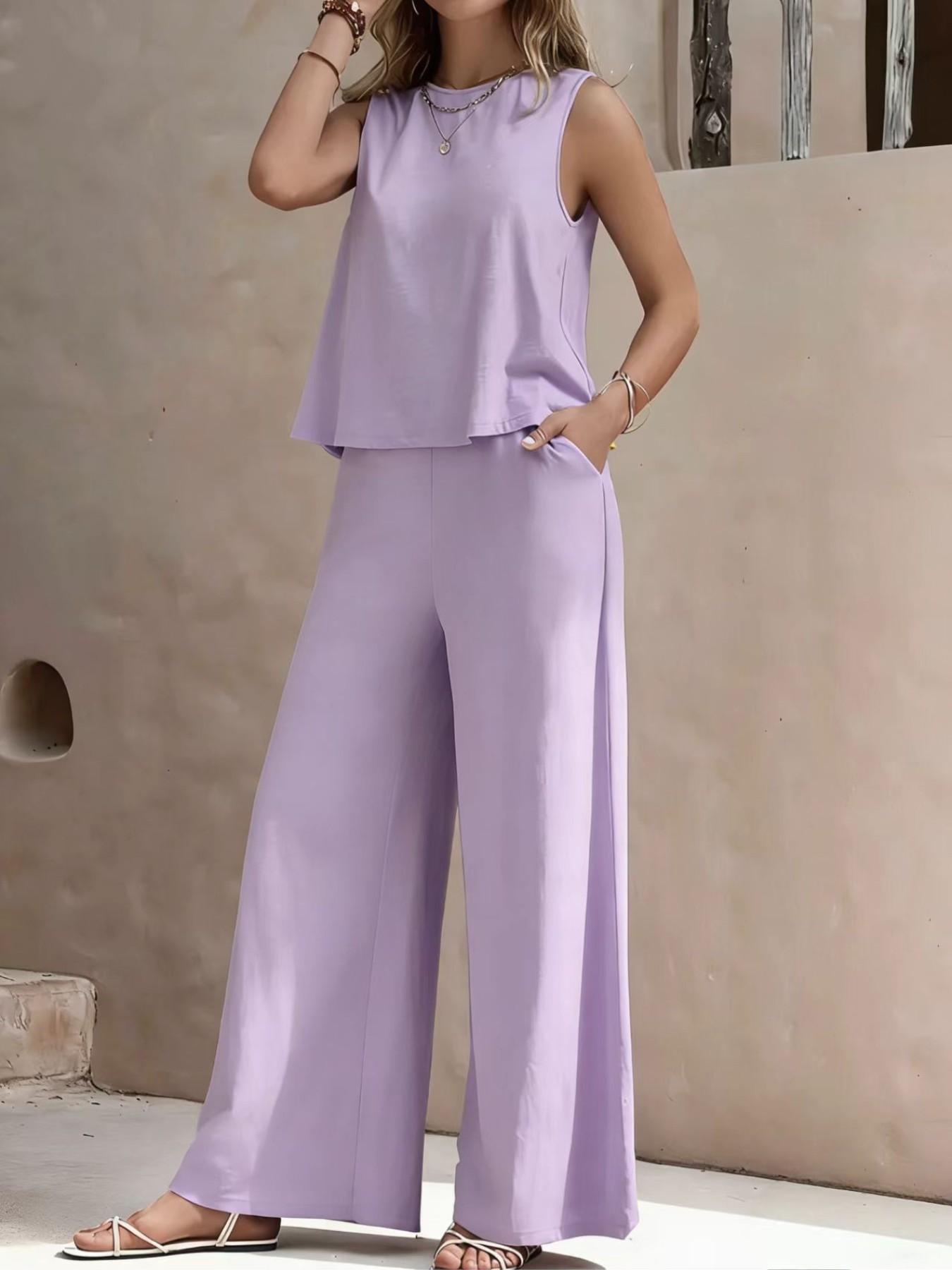 Elegant Two-Piece Set for Women, Womenswear Round Neck Vest & Wide-Leg Pants, Perfect for Casual Wear, Stylish for Daily Use