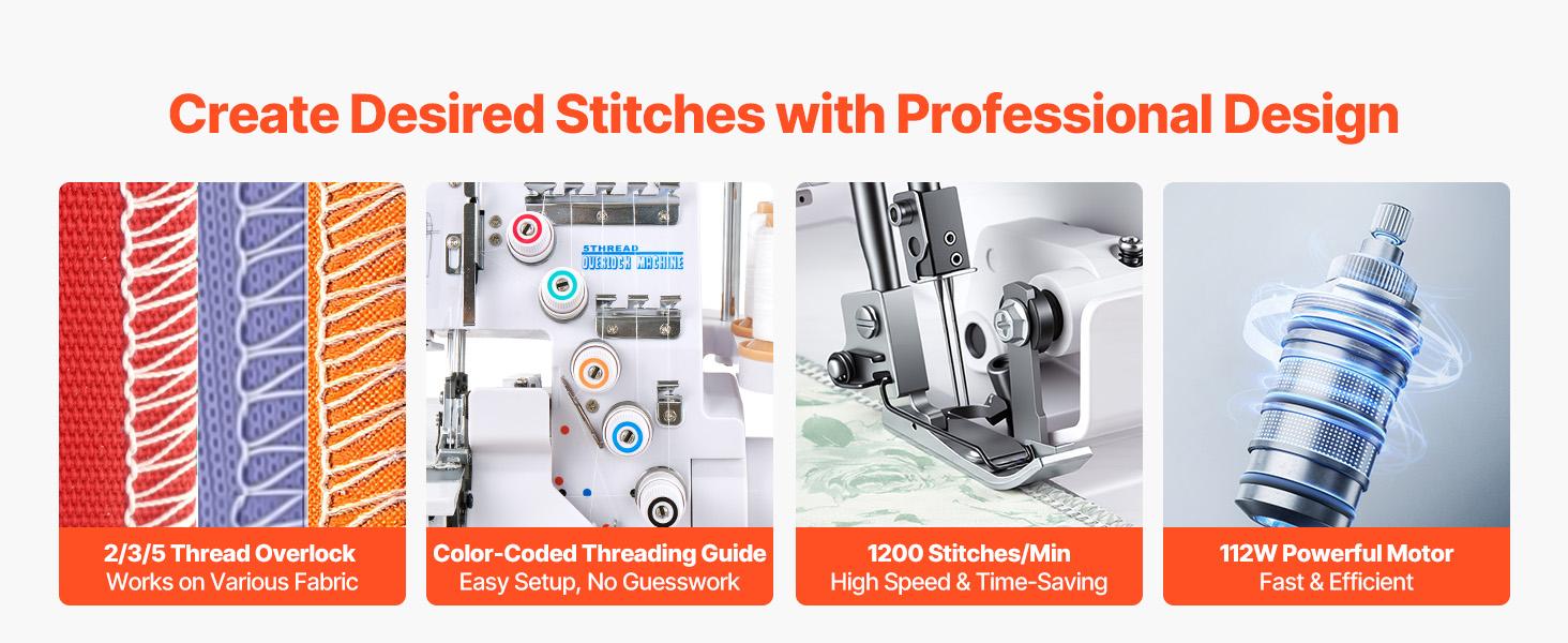 VEVOR Serger Overlock Sewing Machine, 1250 Stitches Per Minute, 2-3-5 Thread Capability, with LED Light and Strong Suction Feet, Heavy-Duty Metal Frame Sewing Machine for Various Fabrics, White