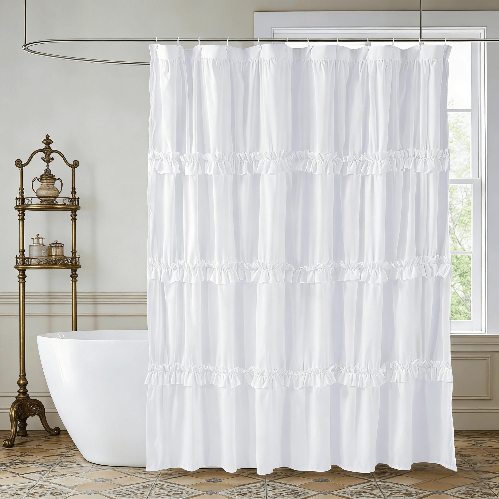 French Vintage Ruffled Shower Curtain, Handmade Pleated Microfiber, Butterfly Knot, 12 Holes, 72"x72", Perfect for Master Bathroom