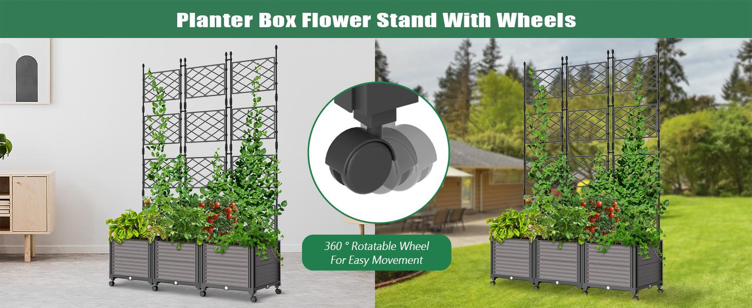 MOPHOTO Raised Garden Bed with Trellis & Wheels, Planter Box Privacy Screen Free-Standing Trellis for Vine Climbing Plants Flowers in Garden Patio Balcony