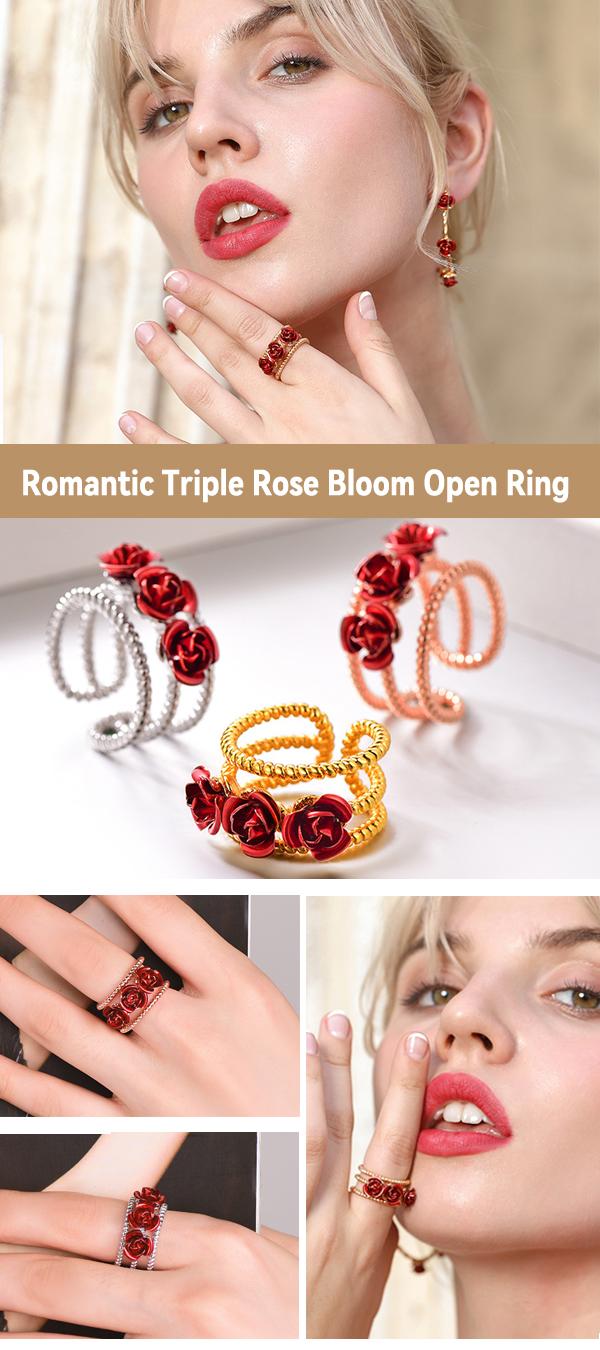 FindChic Rose Flower Open Ring Stackable Band Ring Red Signet Adjustable Ring Everyday Jewelry For Women Men Girlfriend Boyfriend