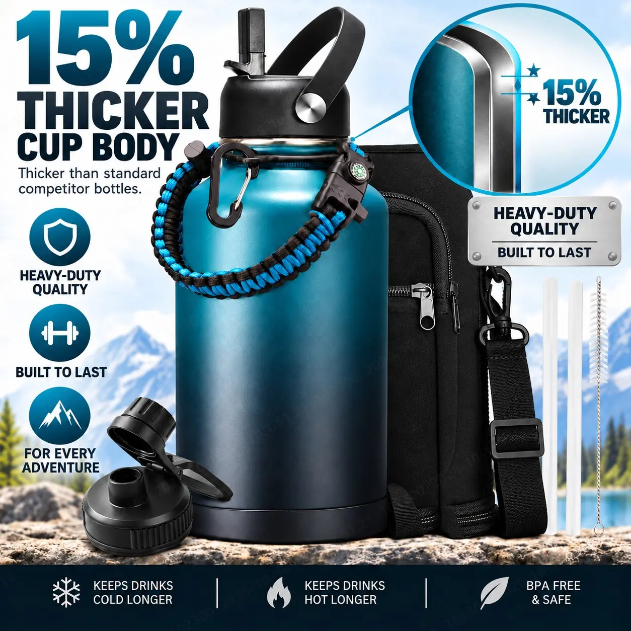 Half Gallon 64oz Stainless Steel Insulated Water Bottle with Straw Lid, Double Wall Vacuum Leak-Proof, 48H Cold 24H Hot, with Carry Sleeve Multiple Colors, Drinkware