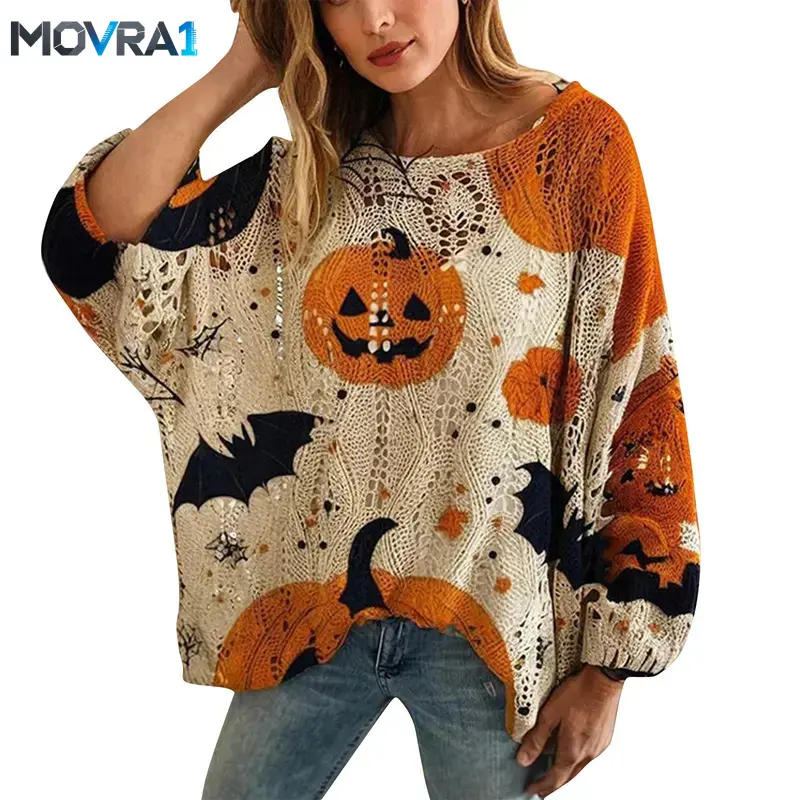 MOVRA1 Women's Holiday Knit Top, All-Over Print, Long Sleeve, Batwing Shoulder, Loose Fit, Halloween Patterns, Casual Elegant.