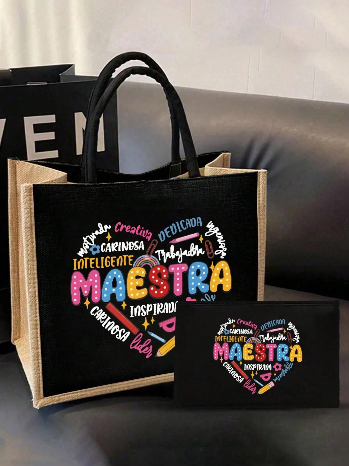 Maestra Theme Tote Bag and Makeup Pouch Set, Heart, Pencil, Ruler, Flower, Paperclip Patterns, Large Capacity Linen Shopping Bag, Skincare Organizer