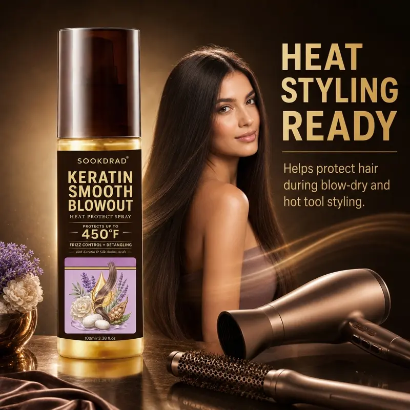Keratin Smooth Blowout Heat Protect Spray, Keratin, Silk Amino Acids, Heat protection up to 450°F, Frizz control, Detangling, Hair, 100ml/3.38 fl.oz