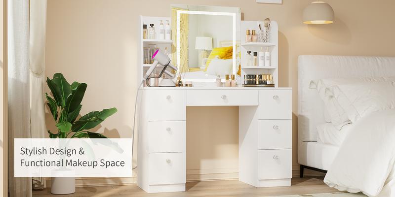 VOWNER Modern Makeup Vanity Table Set with Glass Top 3 Color LED Lighted Mirror 7 Drawers & Power Strip 43.3x16x55 Inches