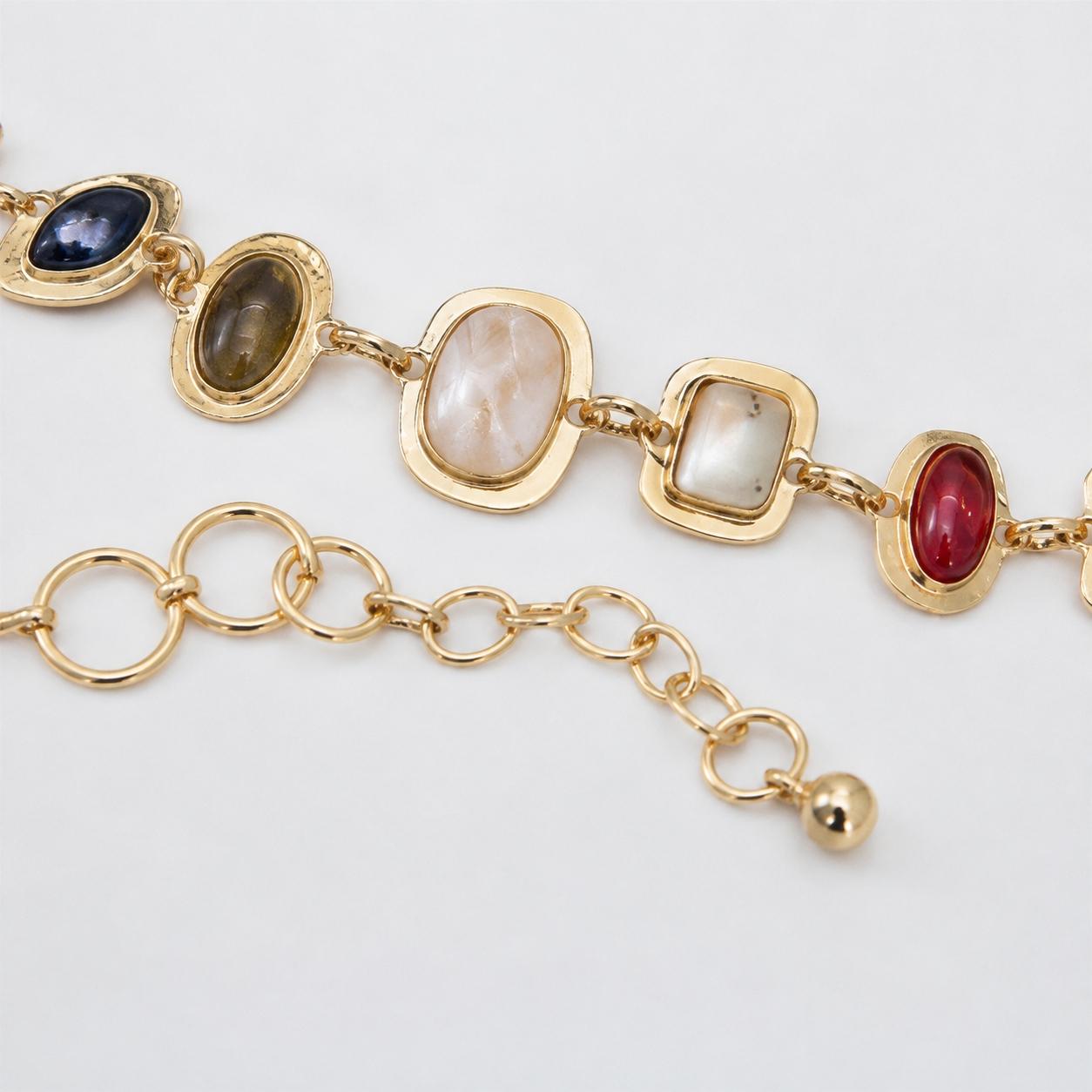 Vintage Colorful Gemstone Necklace, Retro Geometric Multi‑Stone Metal Chain Choker