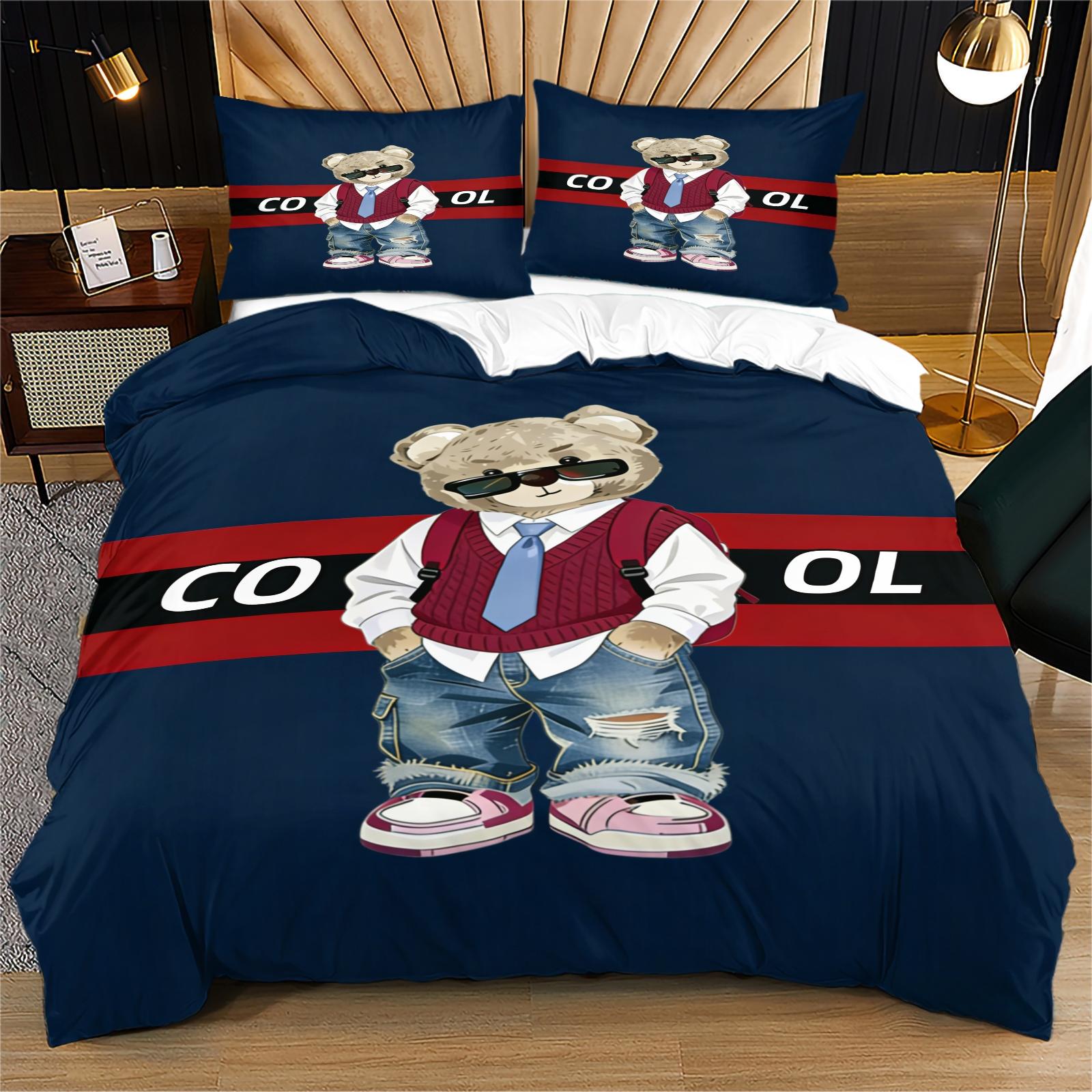 Trendy Bear Print Quilt Cover Set, includes 1 quilt cover and 1 or 2 pillowcases, does not include quilt or pillow inserts, suitable for bedroom or dormitory bedding sets, ideal for gifting or personal use