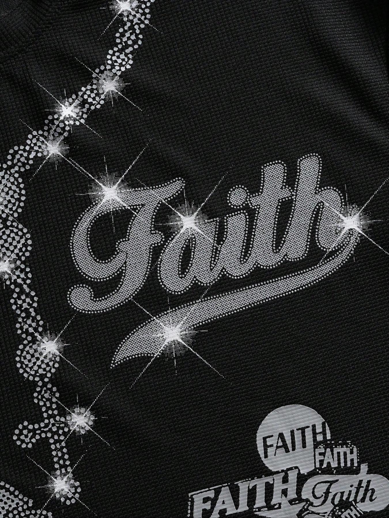 This men's two-piece set features a gothic streetwear design, including a long-sleeved T-shirt with a shimmering flame print and black flared trousers adorned with rhinestones and lettering.