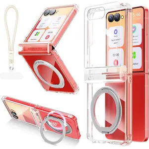 for Galaxy Z Flip 7 Case with Hinge Protection & Screen Protector [Compatible with MagSafe], Shockproof Anti-yellow Clear Phone Cover for Z Flip 7 with Magnetic Kickstand, Lanyard & 3 Makeup Mirrors